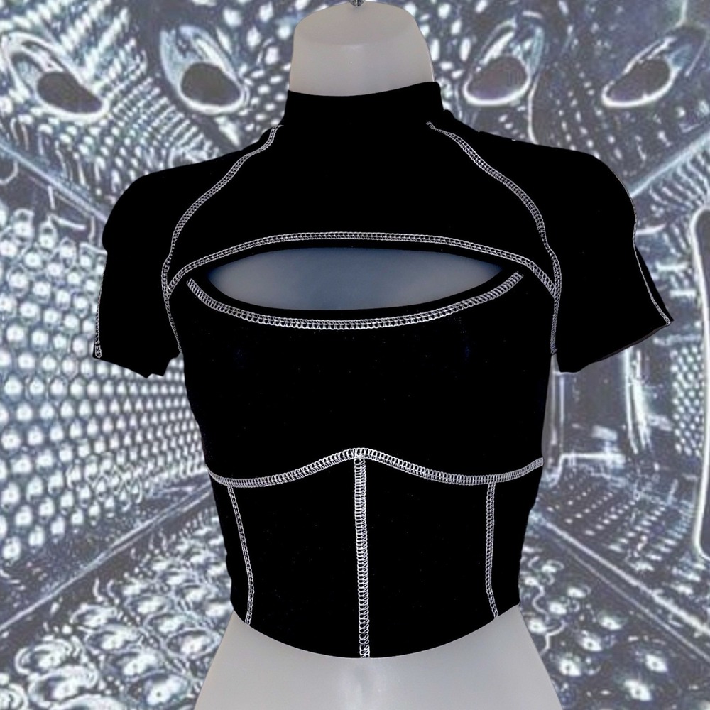 New Small Black Mock Neck Cutout Crop Top White‎ Stitching Short Sleeve Y2k Goth